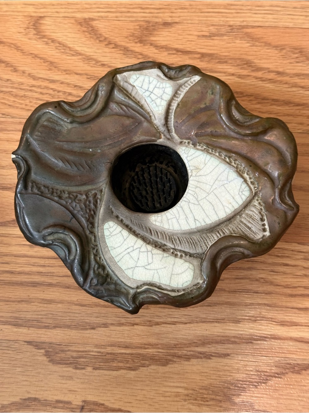 Vintage Prolon Ikebana pottery flower frog vase featuring an Art Nouveau